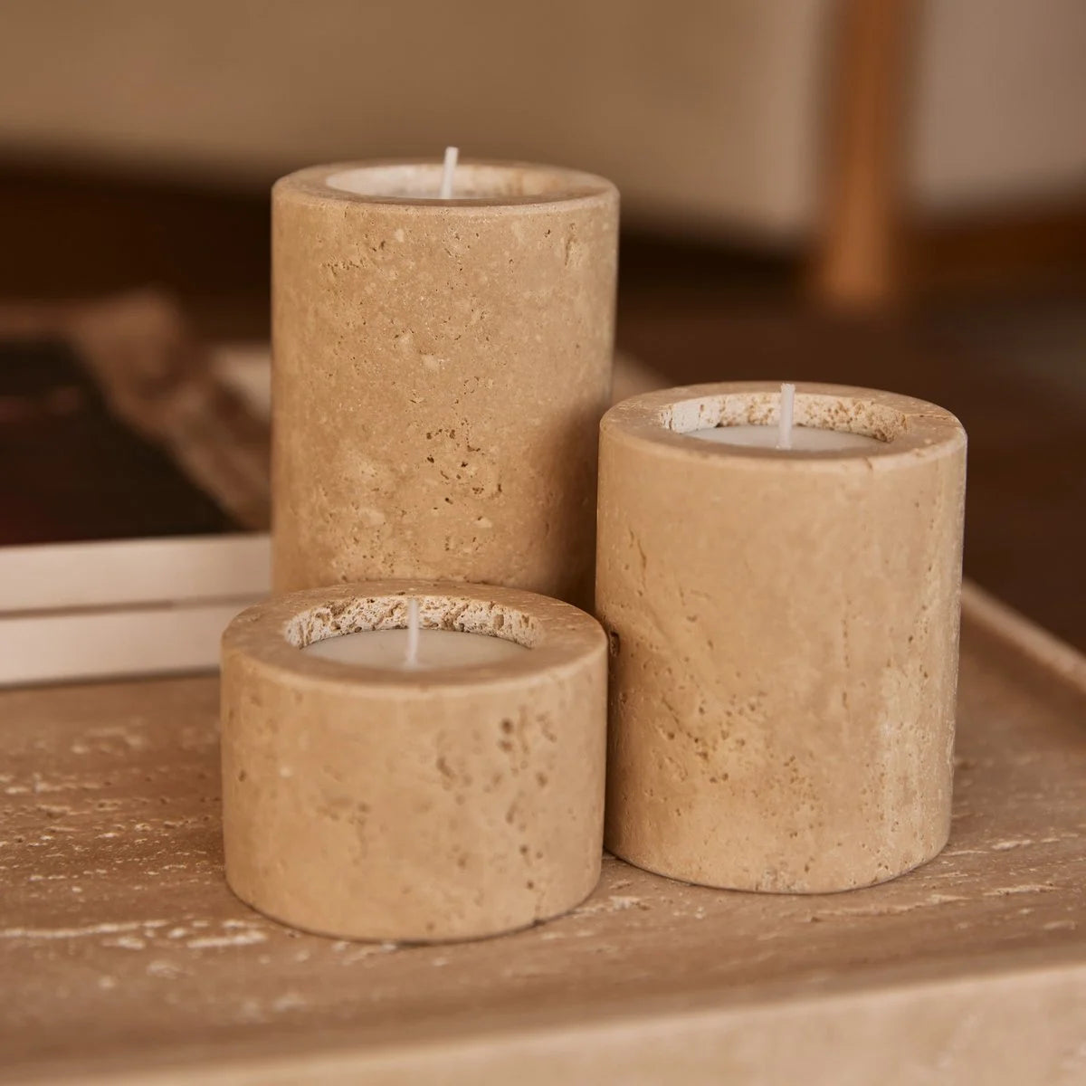 Travertine waxinelichthouder set van 3 - Interior pieces